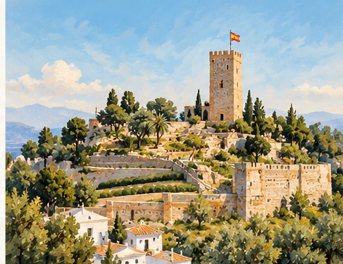 Illustration peinte de la forteresse de Vélez-Málaga au milieu des pins