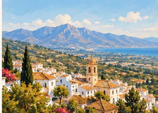 Illustration peinte d'un village blanc de l'Axarquía face aux montagnes