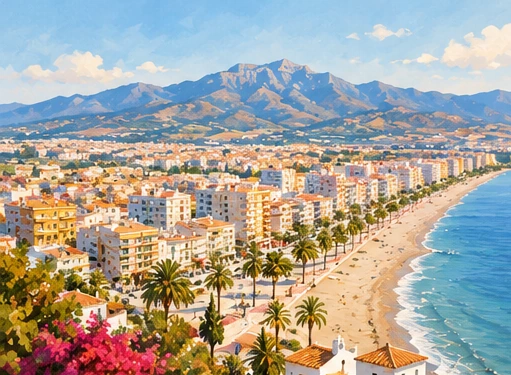 Illustration peinte du littoral de Torre del Mar, avec la plage et la sierra